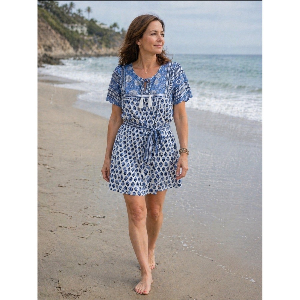 C&C CALIFORNIA BLUE WHITE FLORAL TASSEL NECK LINEN RUFFLE HEM BOHO DRESS Large